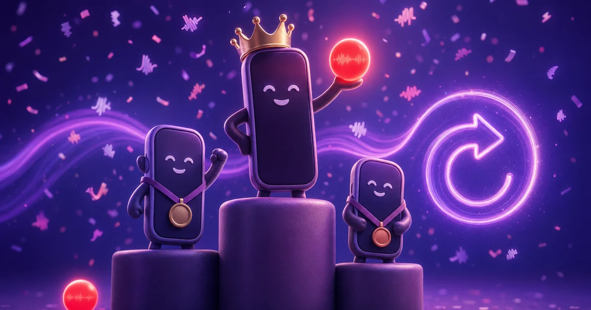Three cartoon phones on a winners podium topped with a red record button and waveform confetti, art for choosing a fun voice changer app.