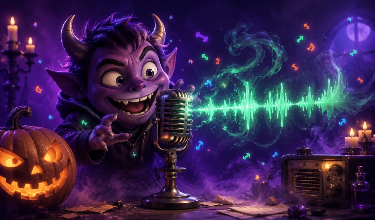 Friendly cartoon demon at a vintage microphone with a green reversed soundwave and a jack-o-lantern