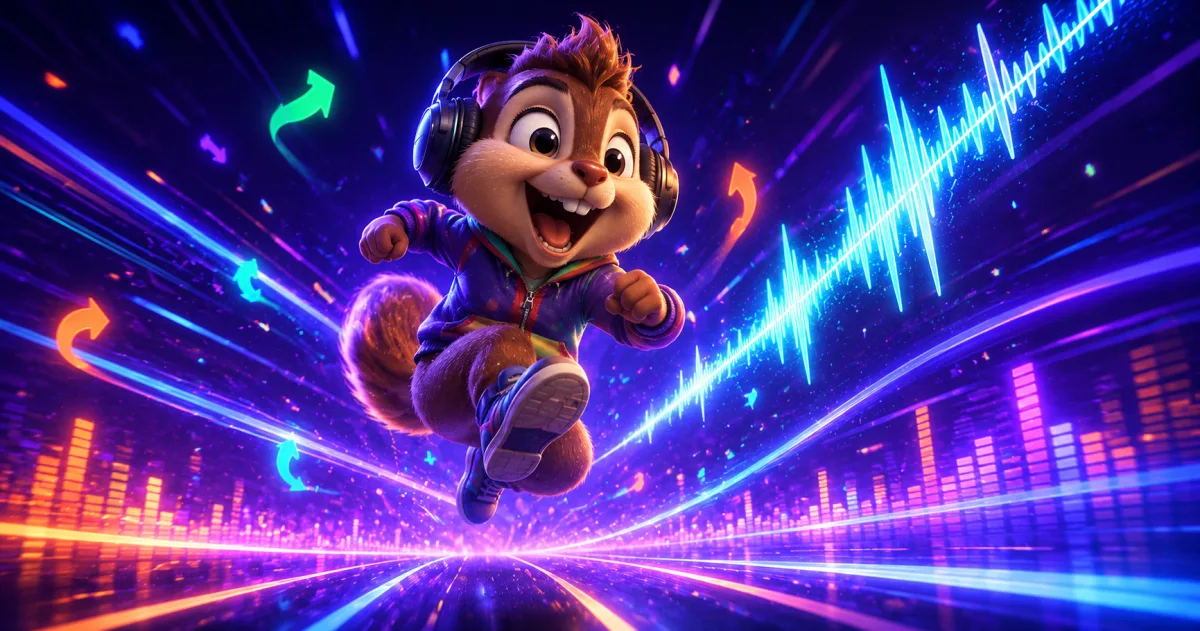 Energetic chipmunk character with speed streaks and a sped-up, high-pitched waveform