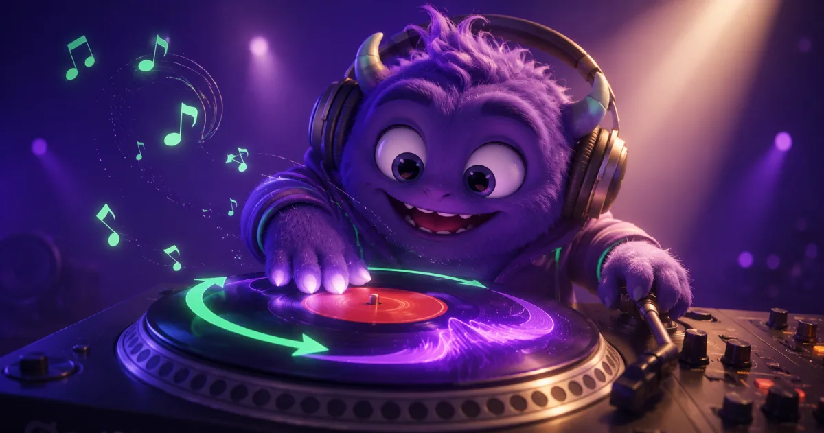 Cartoon DJ character spinning a turntable with its waveform playing in reverse