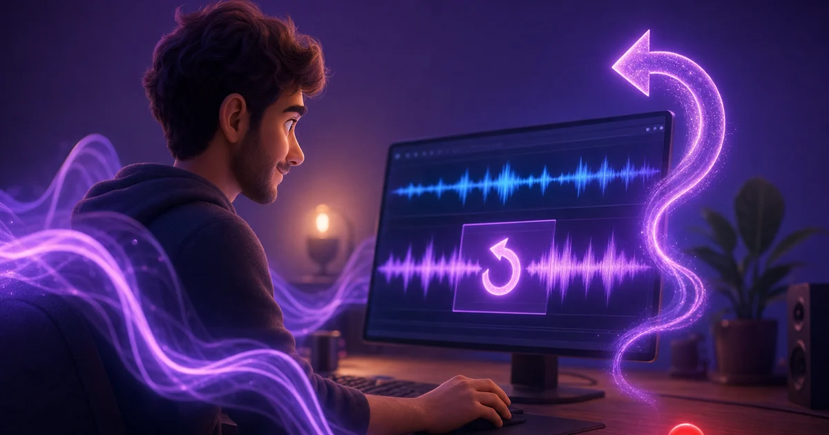 Cartoon person at a screen showing a blue waveform flipping to purple with a reverse arrow, art for reversing audio in Audacity.