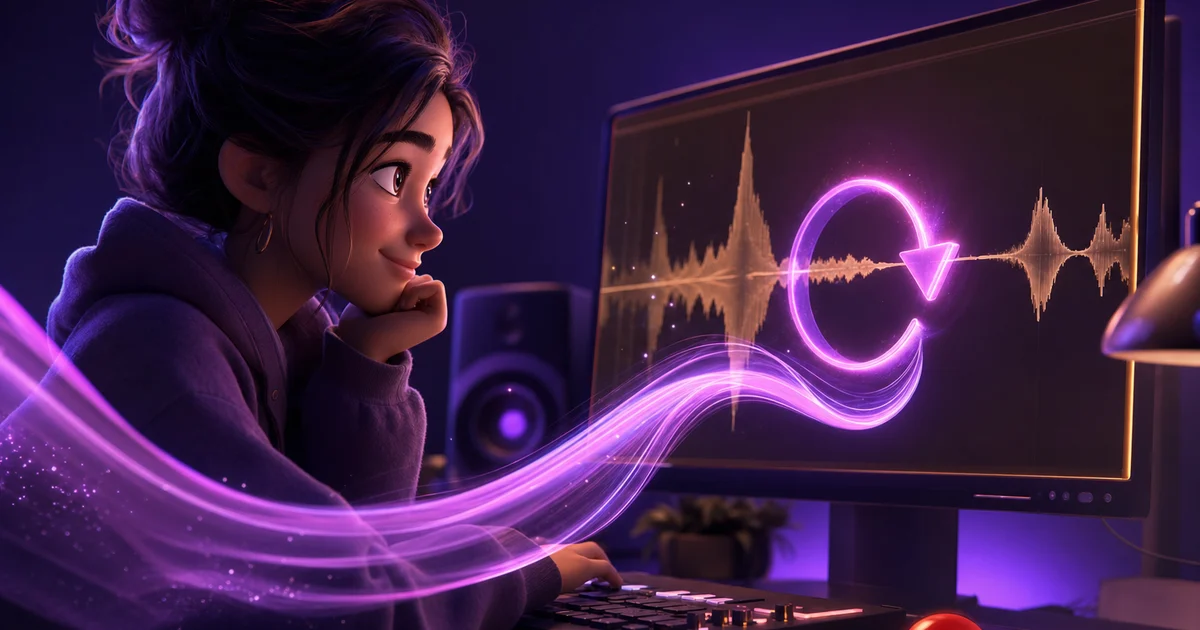 Cartoon person at a desk with a warm orange audio app and a reversing waveform, art for reversing audio in GarageBand.
