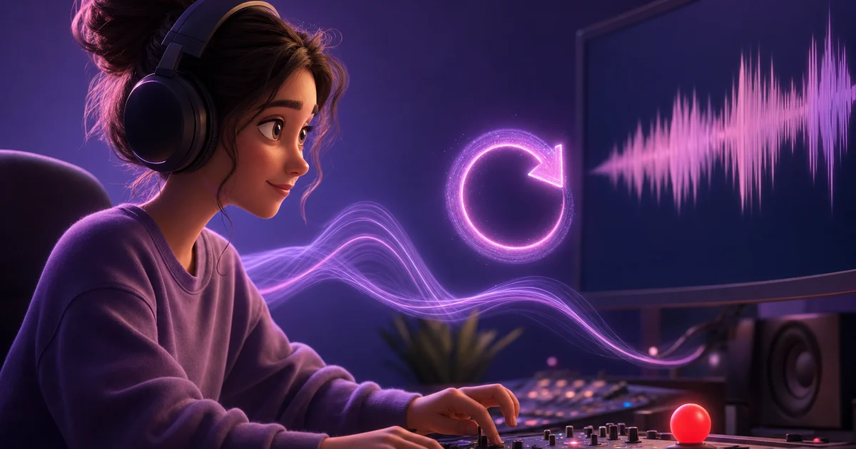 Cartoon person in headphones at a control surface with a reversed waveform on a monitor, art for reversing audio in Logic Pro.