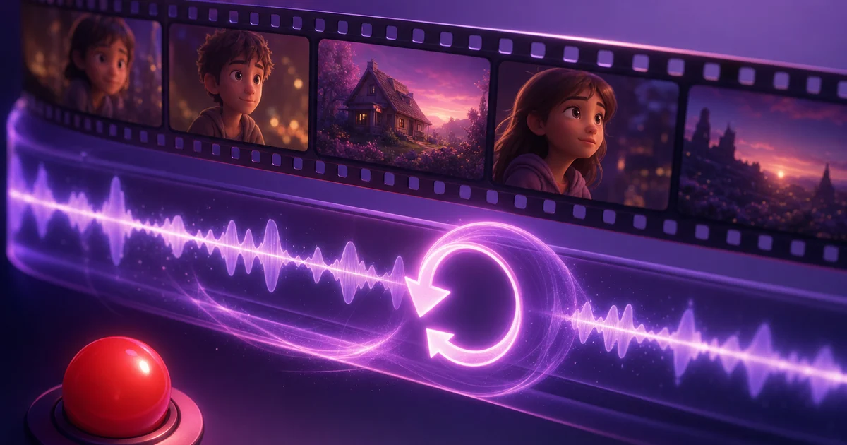 A film clip strip above an audio track whose waveform flips, art for reversing only the audio in Premiere Pro.