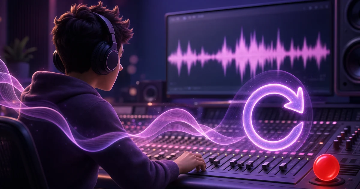 Cartoon person at a mixing console with a reversed waveform on a wide monitor, art for reversing audio in Pro Tools.
