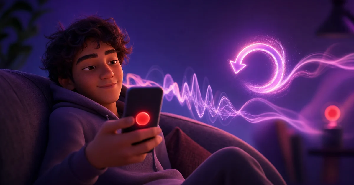 Cartoon person on a couch holding a phone with a red record button and a flipping waveform, art for reversing audio on your phone.