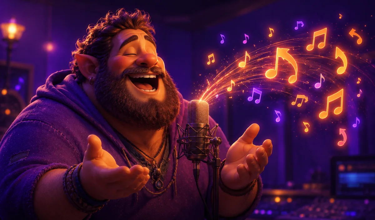 Cartoon giant singing into a microphone with musical notes flowing backwards