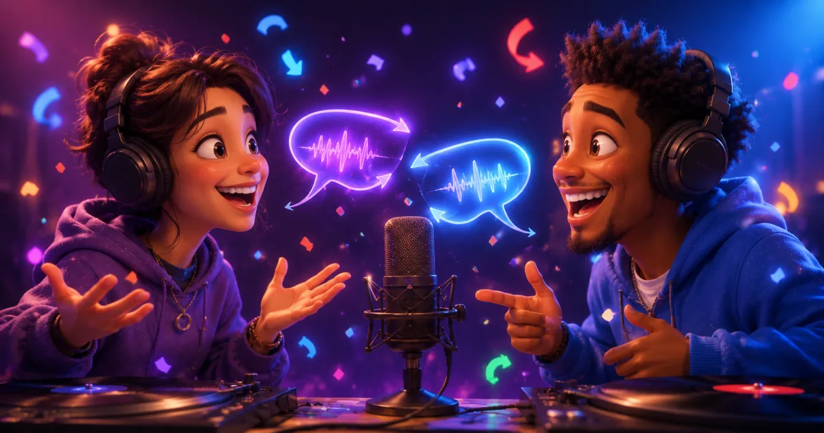 Two cartoon friends laughing at a microphone with mirrored, reversed speech bubbles