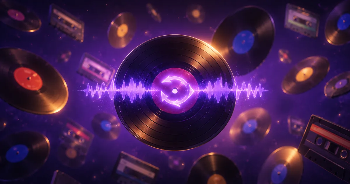 Wall of glowing vinyl records with one revealing a hidden reversed message