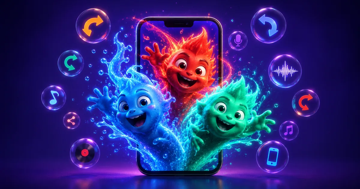 Three playful voice-effect characters bursting out of a smartphone surrounded by effect icons