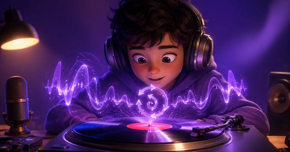 Listener in headphones discovering a hidden message in a reversed vinyl record
