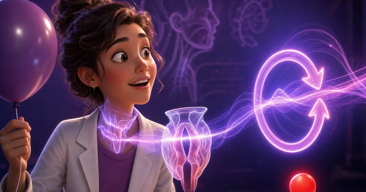Cartoon character with a helium balloon and sound waves moving through vocal cords, art for why helium changes your voice.