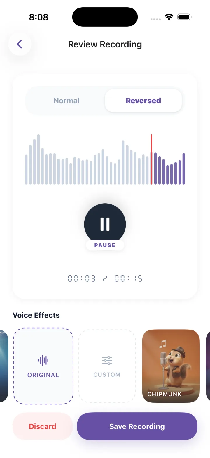 Reverse Audio review screen with reverse selected